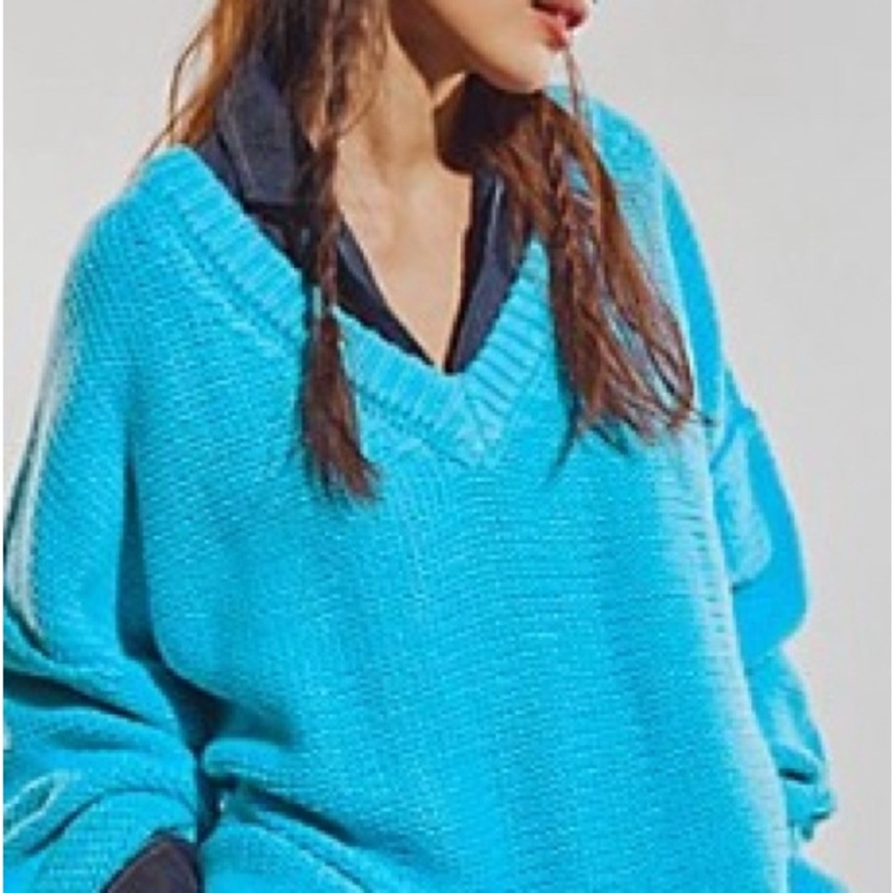 Free People Blue V-Neck Sweater with Knitted Texture